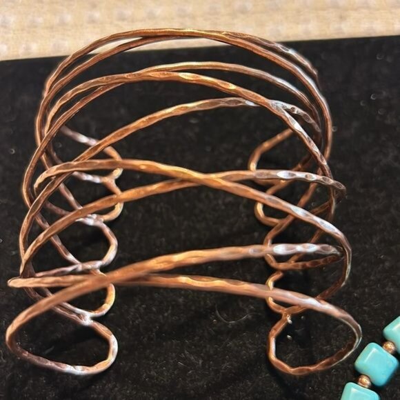 Turquoise Bead Necklace Copper Spiral Cuff Zigzag Bracelet, Round Earrings Set - Picture 2 of 5